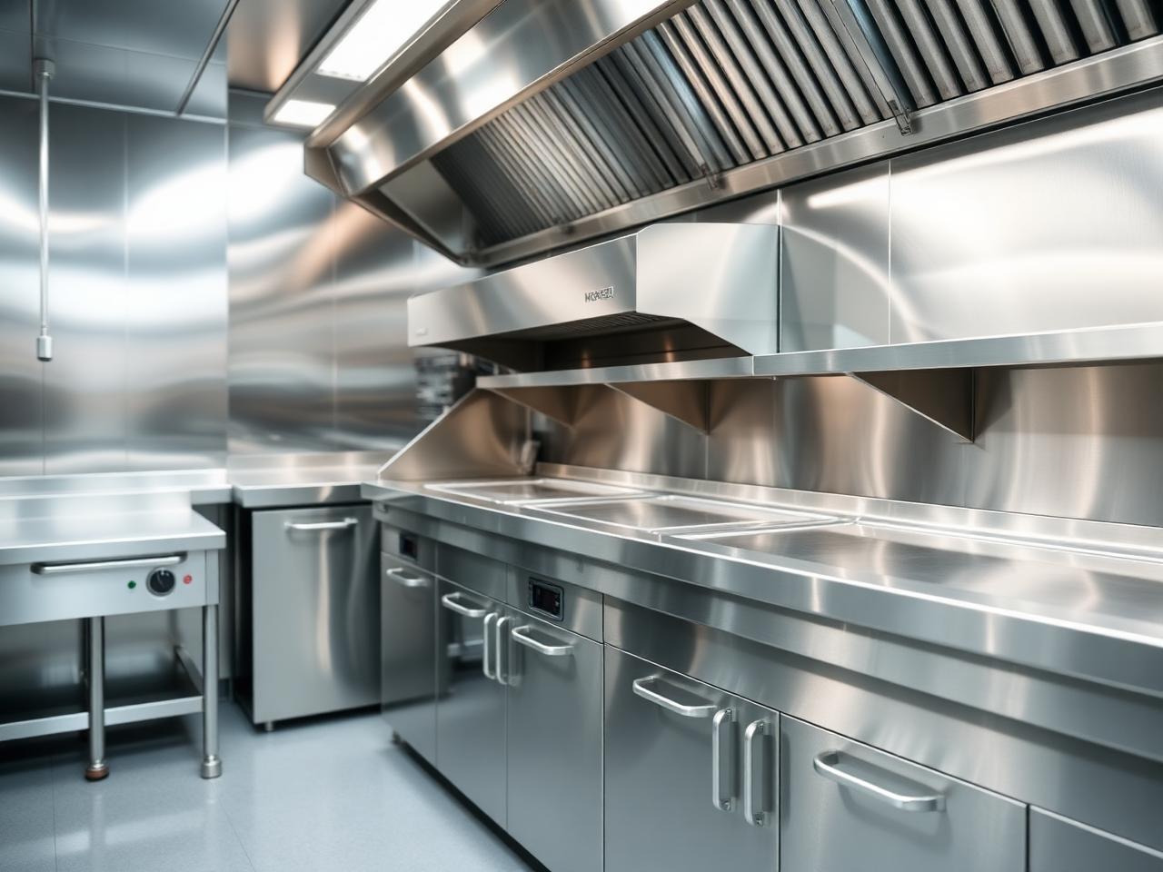 Central kitchen fit-out with stainless steel benches and extraction