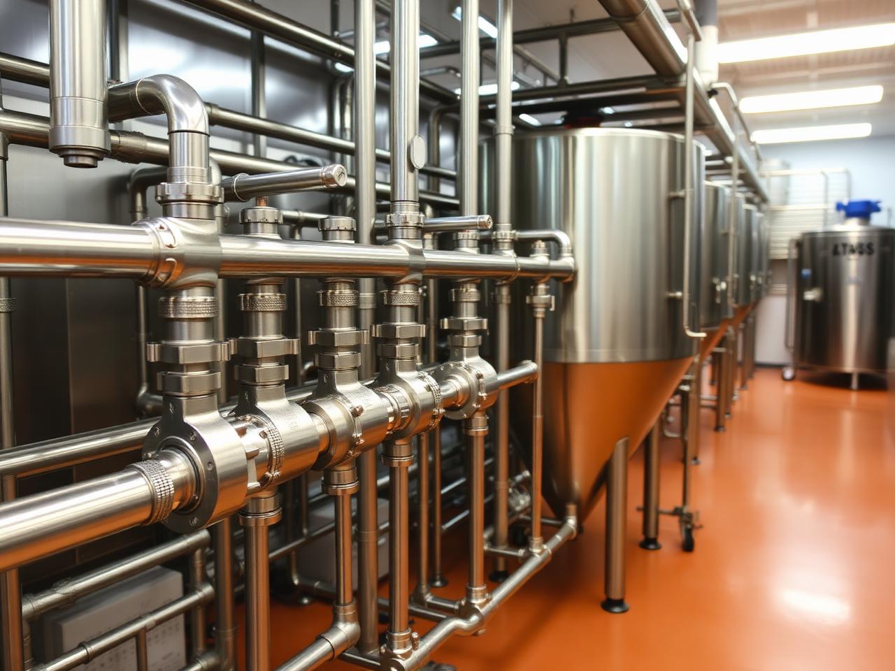 Food-grade stainless steel piping installation